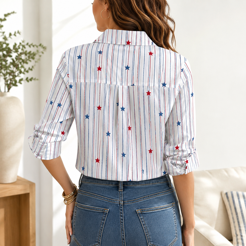 Patriotic Pinstripe Star Women Blouse Shirt | Gift For American Women