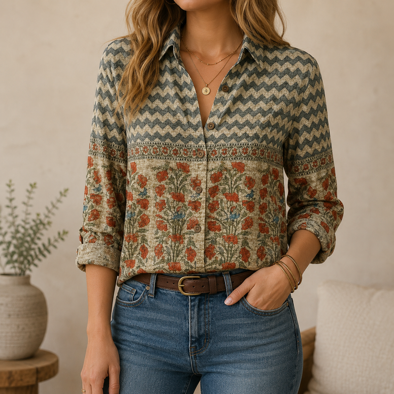 Boho Chevron Floral Women Blouse Shirt | Gift For Boho Lovers