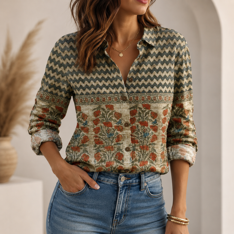 Boho Chevron Floral Women Blouse Shirt | Gift For Boho Lovers