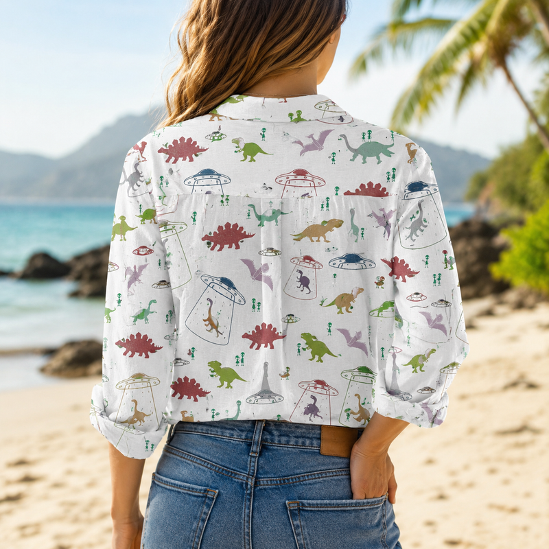 Dinosaur UFO Women Blouse Shirt | Gift For Dinosaur Lovers