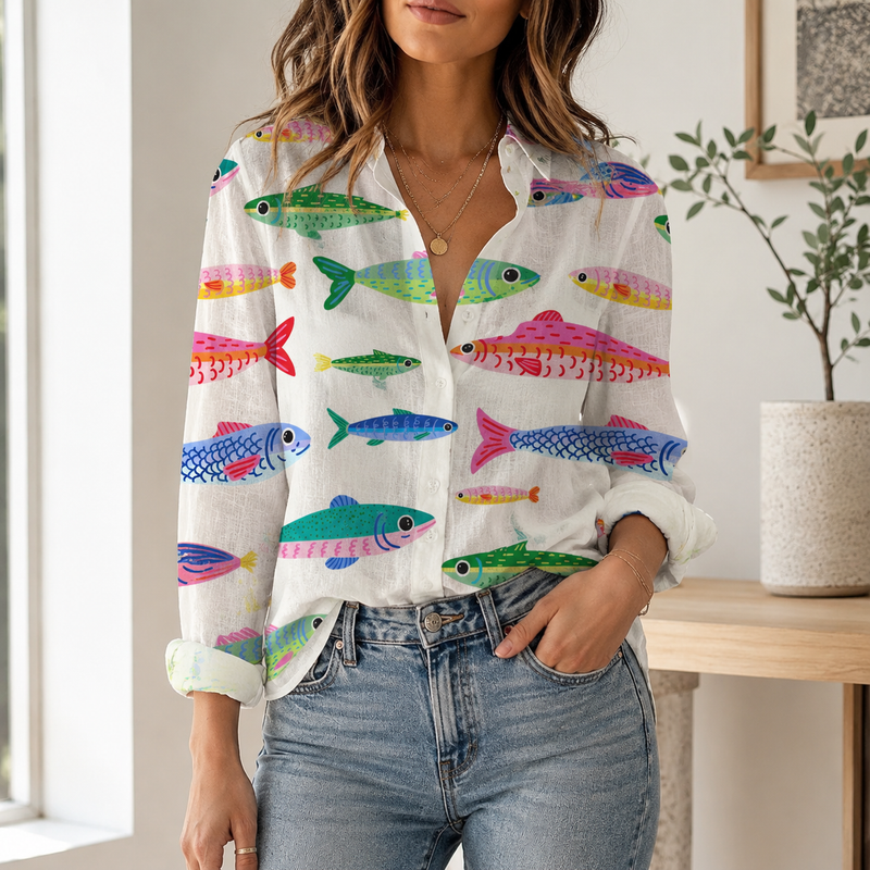Colorful Fish Print Women Blouse Shirt | Gift For Fish Lovers