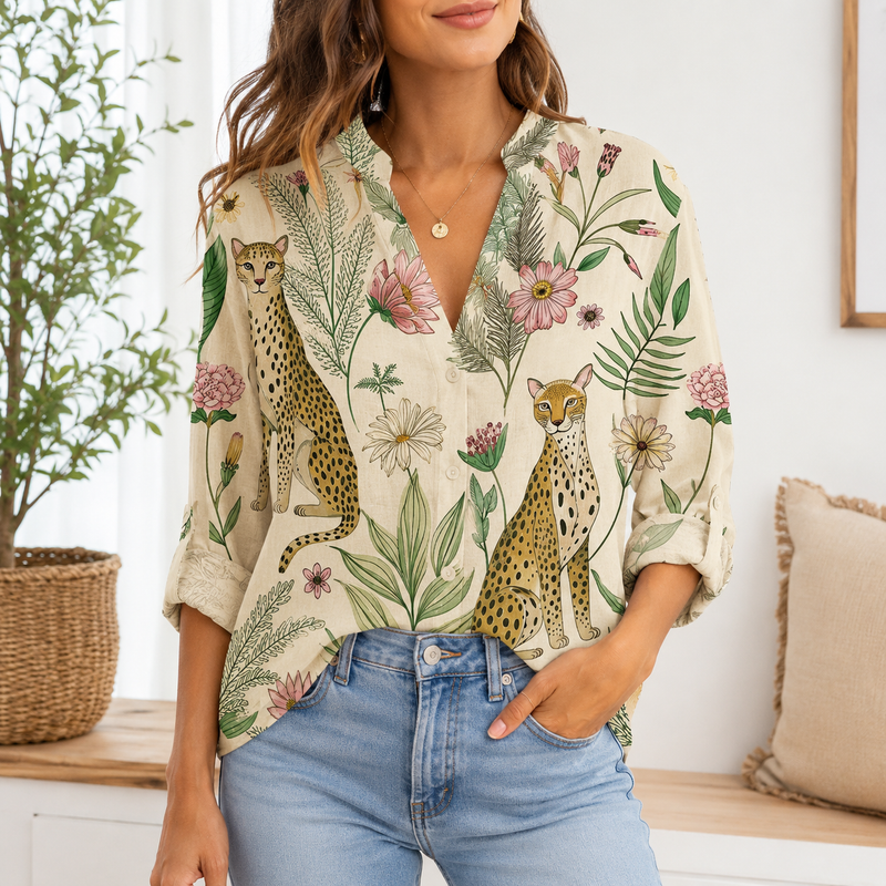 Cheetah Botanical Summer Blouse Shirt | Gift For Cheetah Lovers