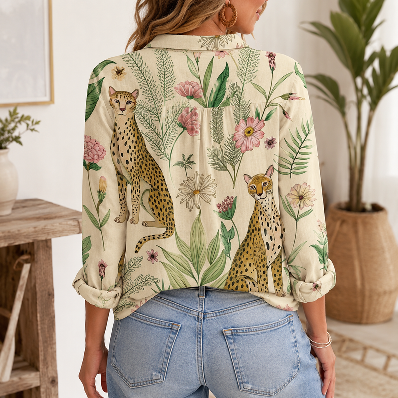 Cheetah Botanical Summer Blouse Shirt | Gift For Cheetah Lovers