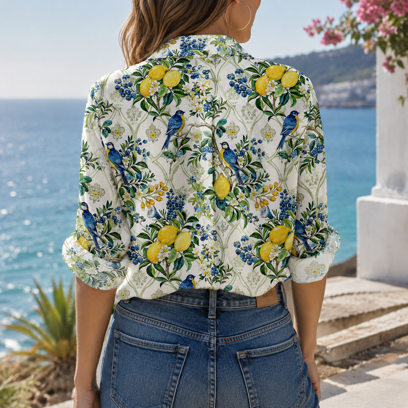 Blue Bird Lemon Summer Blouse Shirt | Gift For Lemon Lovers