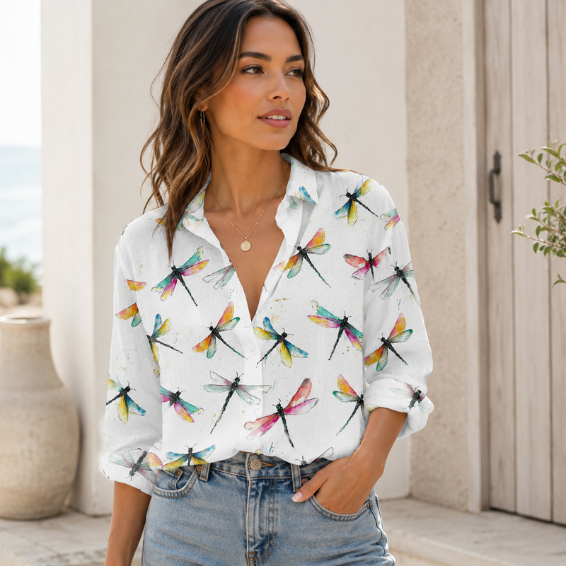 Watercolor Dragonfly Summer Blouse Shirt | Gift For Dragonfly Lovers