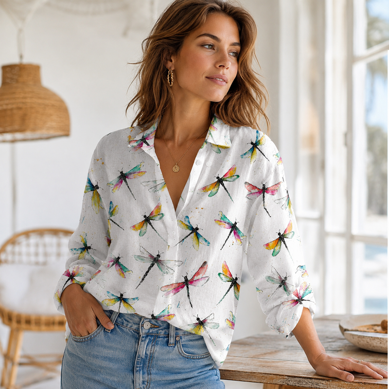Watercolor Dragonfly Summer Blouse Shirt | Gift For Dragonfly Lovers