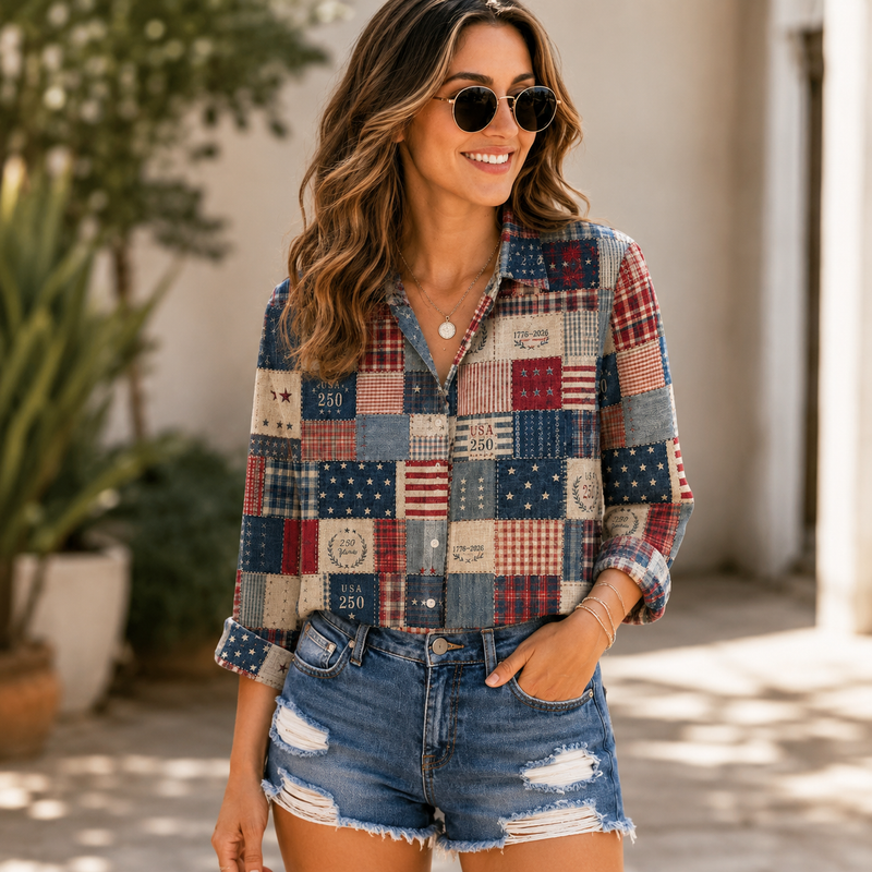 Patchwork American Flag 4th of July Blouse Shirt | Gift For Country Style Lovers