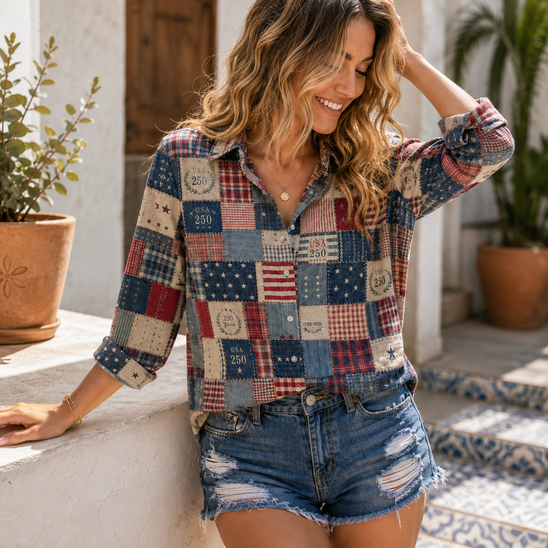Patchwork American Flag 4th of July Blouse Shirt | Gift For Country Style Lovers