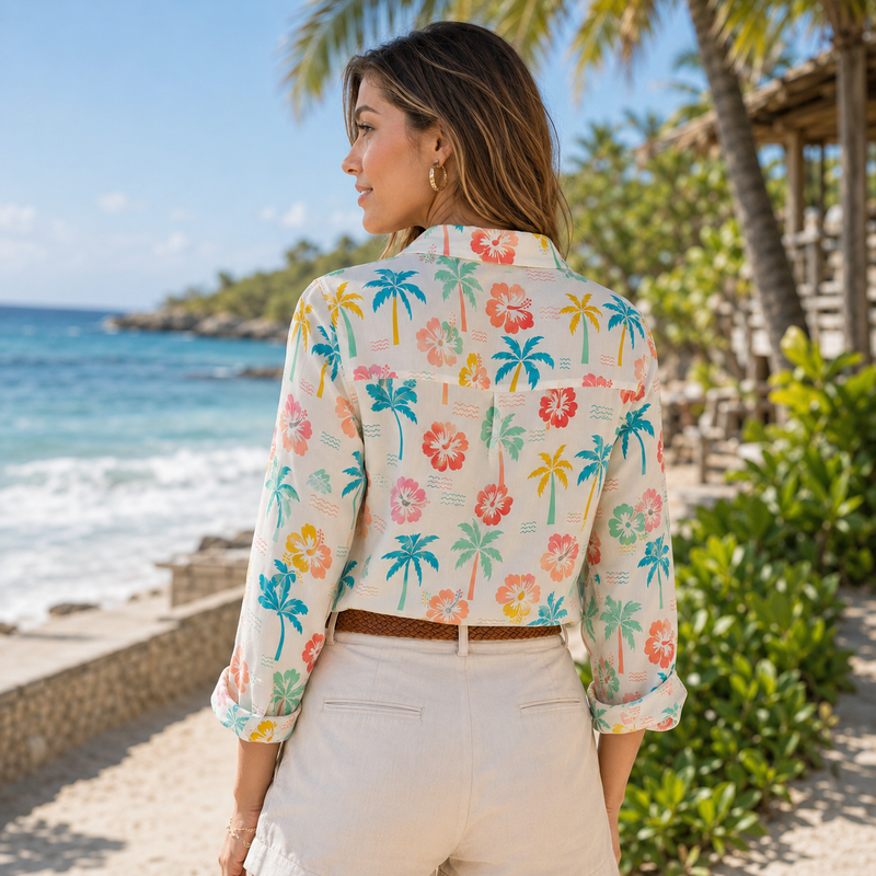 Tropical Palm Tree Hibiscus Summer Blouse Shirt | Gift For Beach Lovers