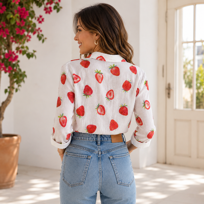 Sweet Red Strawberry Summer Blouse Shirt | Gift For Strawberry Lovers