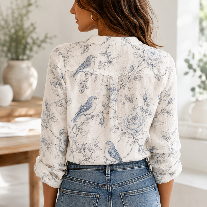 Blue Toile Bird Rose Summer Blouse Shirt | Gift For Bird Lovers
