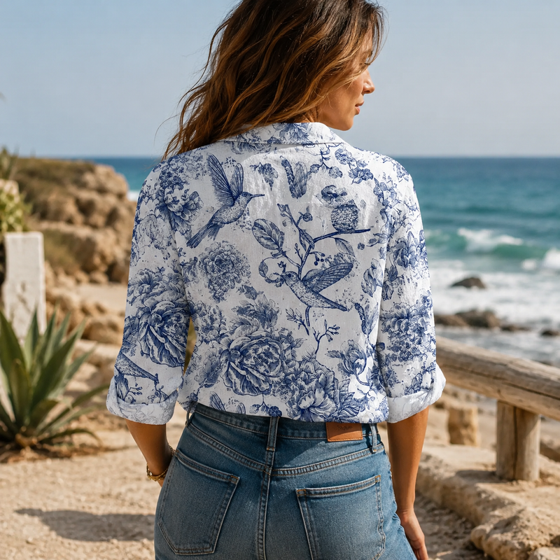 Blue Toile Floral Women Blouse Shirt | Gift For Flower Lovers