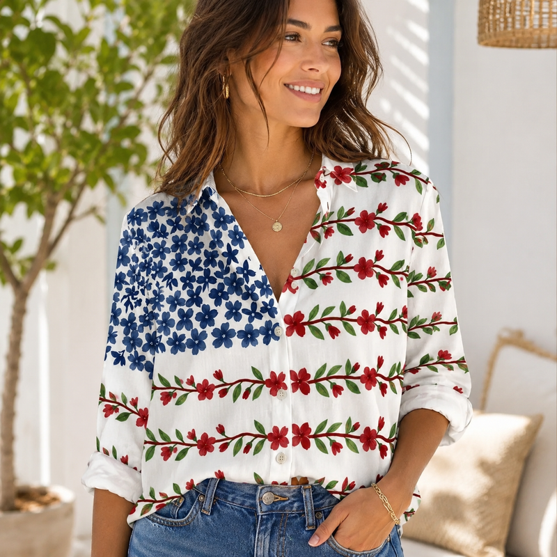Floral American Flag Women Blouse Shirt | Gift For Patriotic Lovers