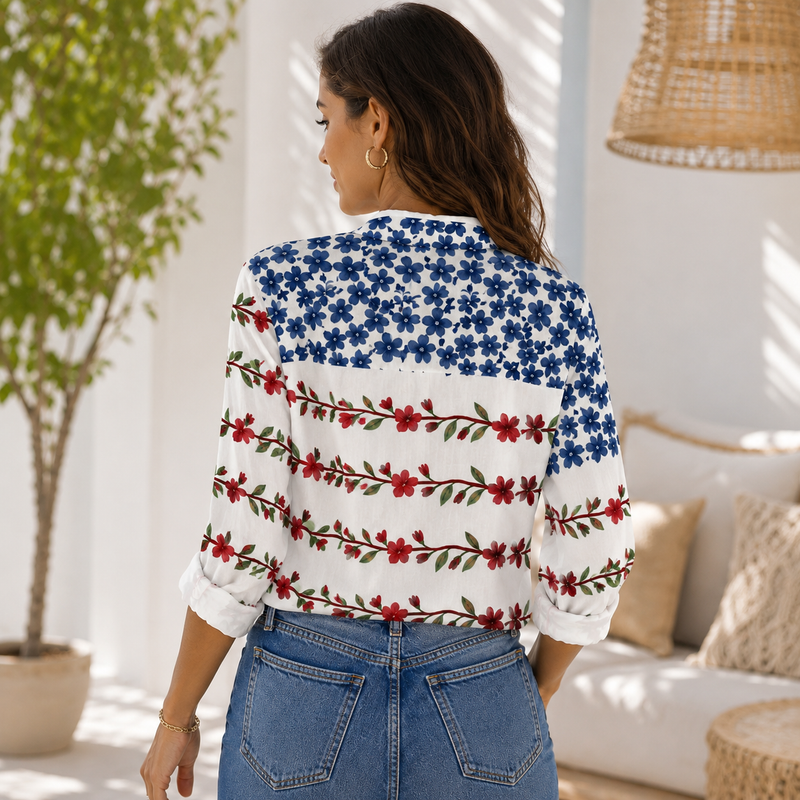 Floral American Flag Women Blouse Shirt | Gift For Patriotic Lovers