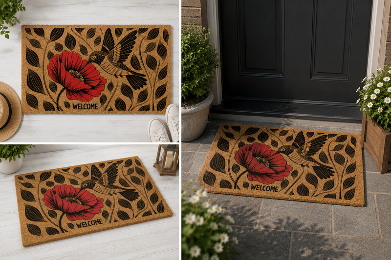 Hummingbird Poppy Floral Coir Doormat | Nature Inspired Entryway Rug