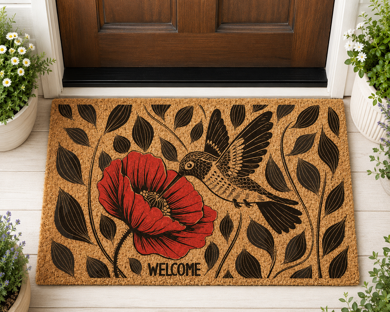 Hummingbird Poppy Floral Coir Doormat | Nature Inspired Entryway Rug
