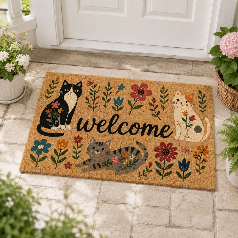 Floral Cat Welcome Doormat, Cute Cat Lover Gift, Floral Coir Door Mat, Funny Cat Welcome Mat