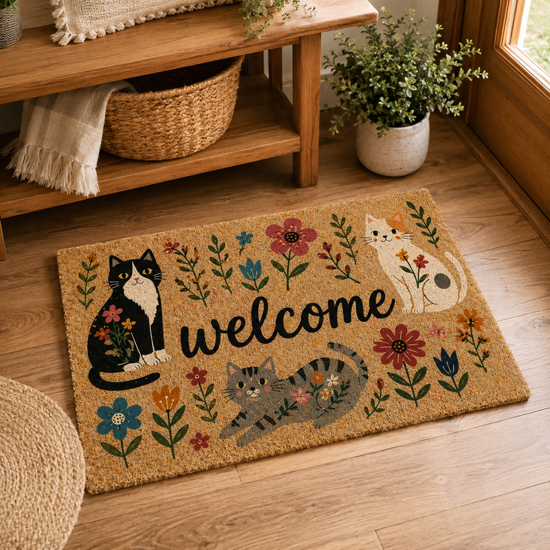Floral Cat Welcome Doormat, Cute Cat Lover Gift, Floral Coir Door Mat, Funny Cat Welcome Mat