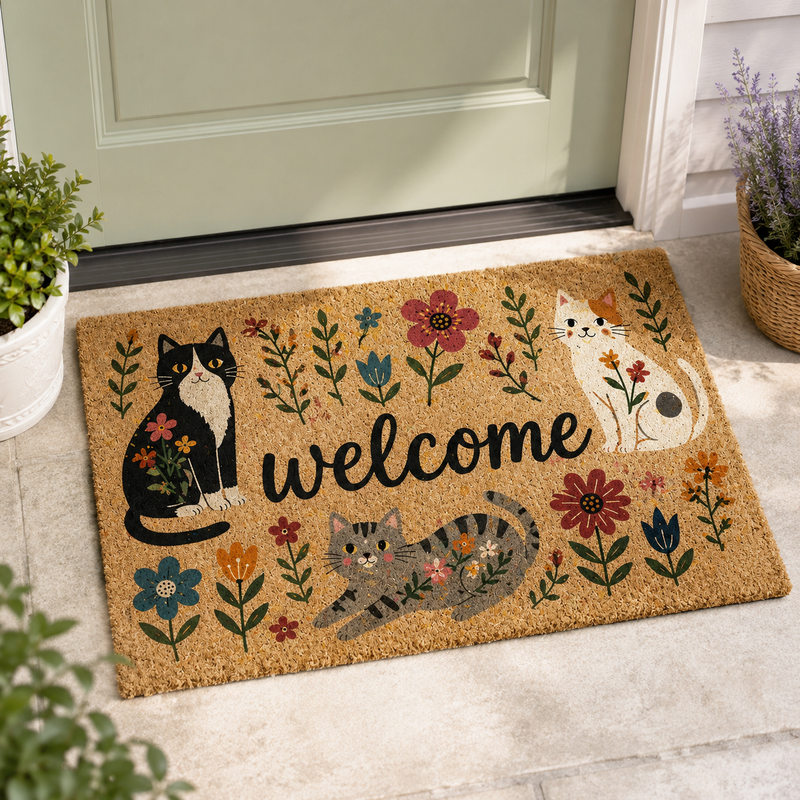 Floral Cat Welcome Doormat, Cute Cat Lover Gift, Floral Coir Door Mat, Funny Cat Welcome Mat