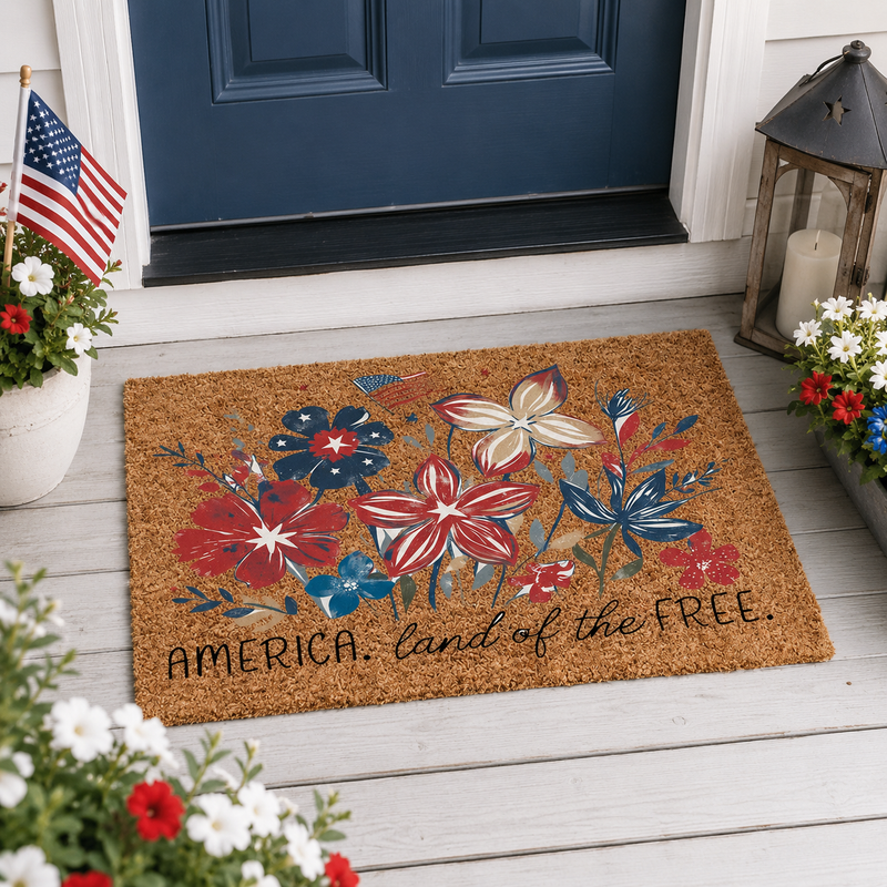 Patriotic Floral Doormat | America Land Of The Free Welcome Coir Mat