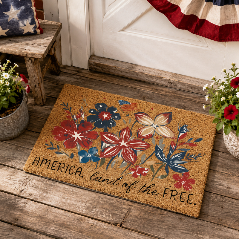 Patriotic Floral Doormat | America Land Of The Free Welcome Coir Mat