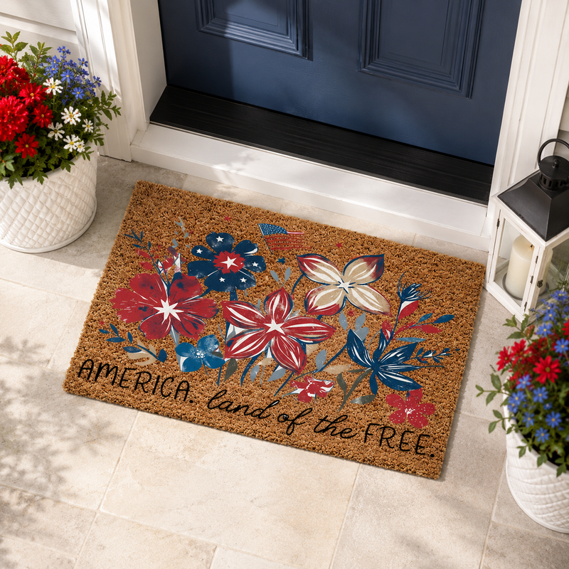 Patriotic Floral Doormat | America Land Of The Free Welcome Coir Mat