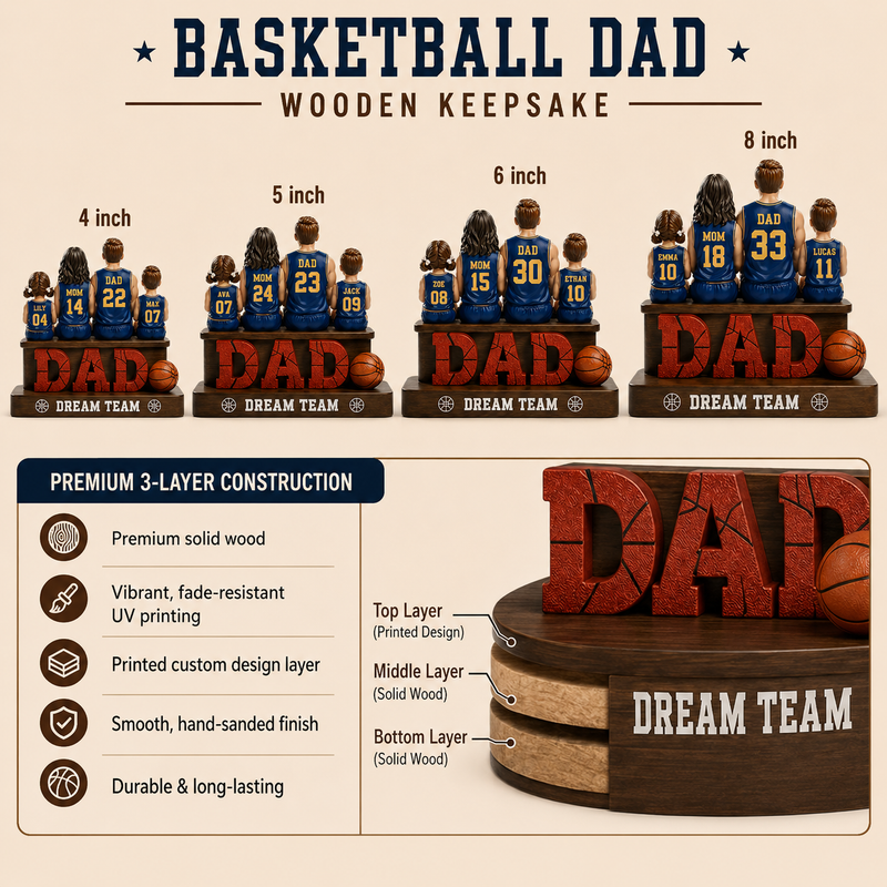 Personalized Baseketball Dad Wooden Block, Father's Day Gift