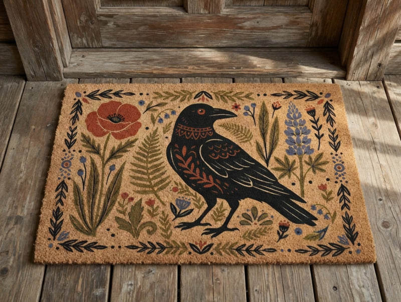 Folk Art Raven Doormat | Gift For Gothic Cottage Decor Lovers