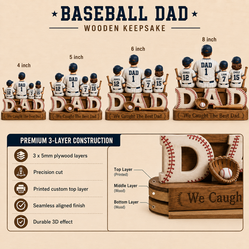Personalized Baseball Dad Wooden Block, Father's Day Gift