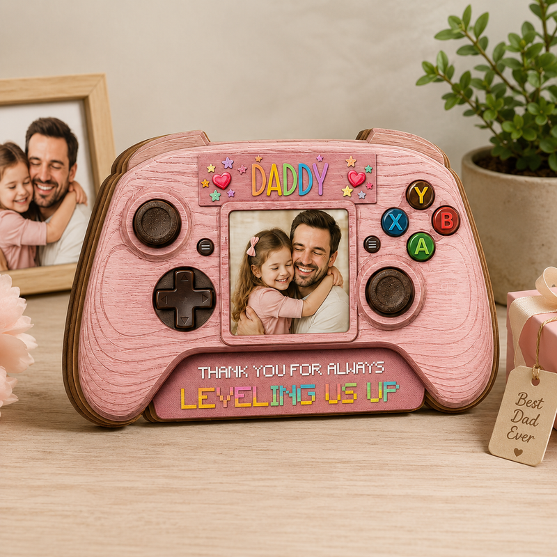 Personalized Gamer Dad Photo Frame Wooden Block - Father's Day Gift from Kids