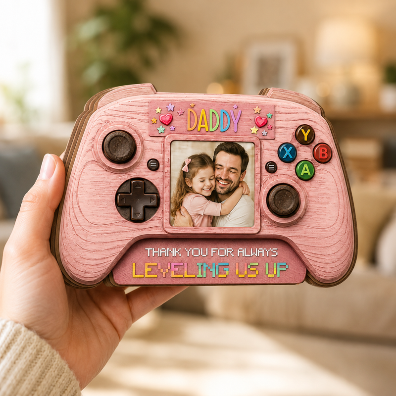 Personalized Gamer Dad Photo Frame Wooden Block - Father's Day Gift from Kids