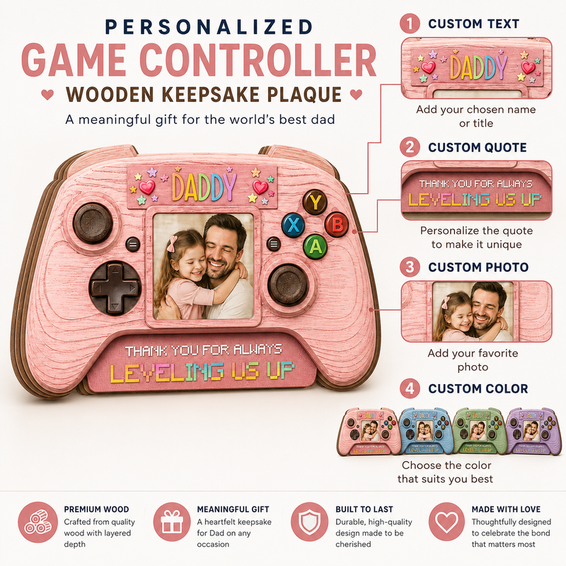 Personalized Gamer Dad Photo Frame Wooden Block - Father's Day Gift from Kids