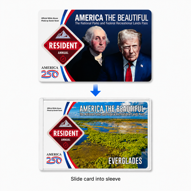 Two 'America the Beautiful' National Parks passes with images of two men and a scenic view.